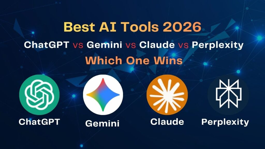 Best AI Tools 2026 comparison featuring ChatGPT, Gemini, Claude, and Perplexity AI