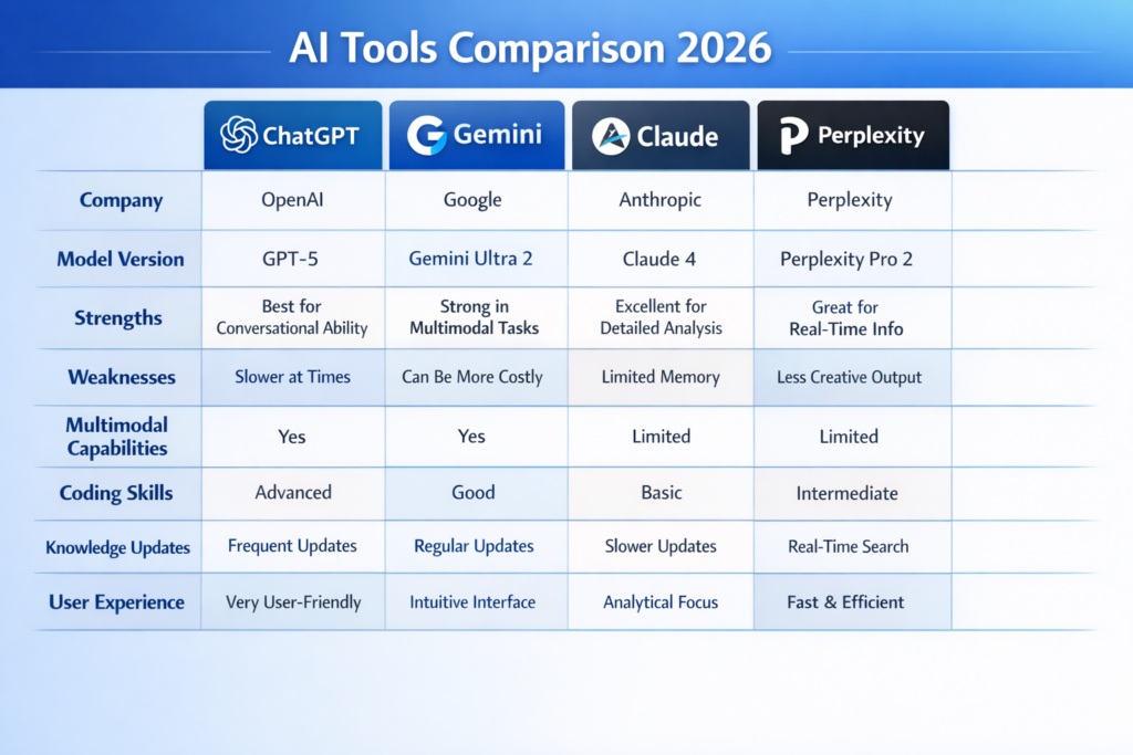 Best AI tools 2026 comparison Best AI Tools 2026 ChatGPT vs Gemini vs Claude vs Perplexity AI comparison chart 2026