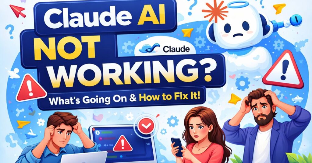 Claude AI not working error illustration with users facing issues and warning signs, showing problems and fixes