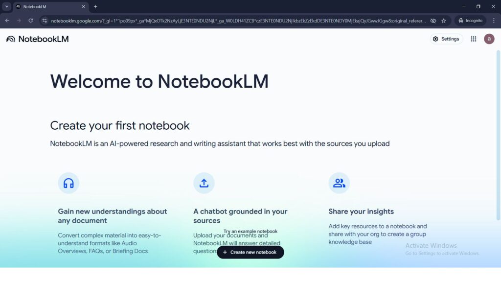Create first NotebookLM Notebook create a new notebook for your project