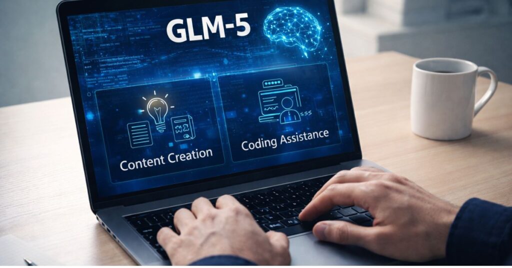 Use Cases of GLM 5 AI Person using GLM-5 AI on laptop for content creation and coding assistance