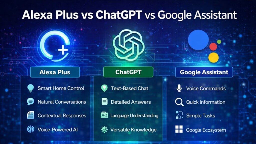 Amazon Alexa AI update 2026. Alexa Plus vs ChatGPT vs Google Assistant AI comparison