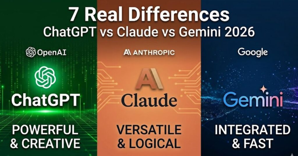 ChatGPT vs Claude vs Gemini 2026 comparison showing 7 real differences and best AI tool