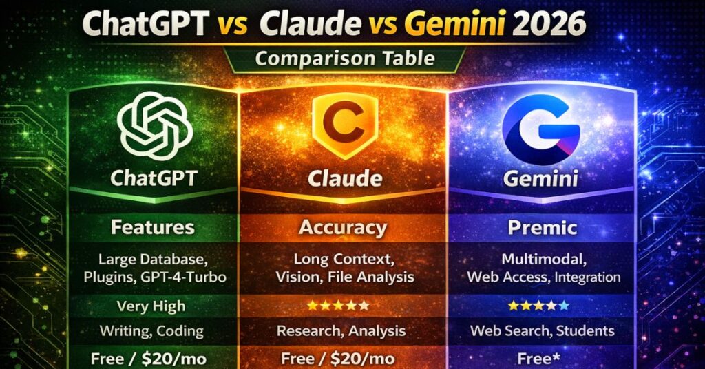 chatgpt vs claude vs gemini comparison table 2026 ChatGPT vs Claude vs Gemini comparison table features accuracy pricing and performance