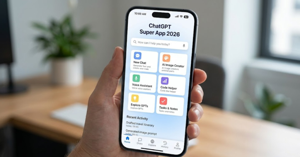 ChatGPT Super App 2026 showing all-in-one AI tools like chat, image, video and code in one app
