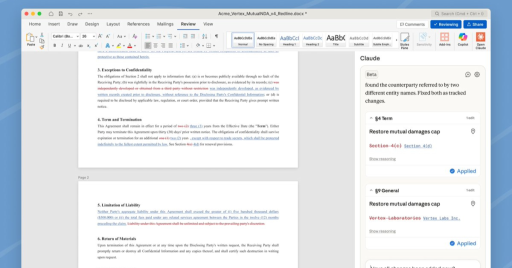 Claude for Microsoft Word sidebar screenshot
