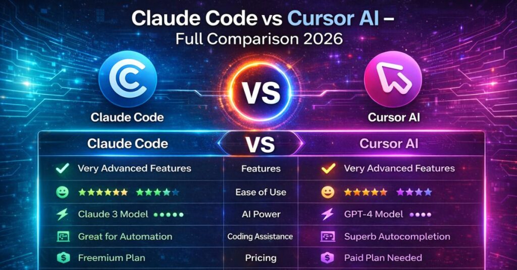 claude code vs cursor features comparison Claude Code vs Cursor full features comparison table 2026 - pricing context window speed