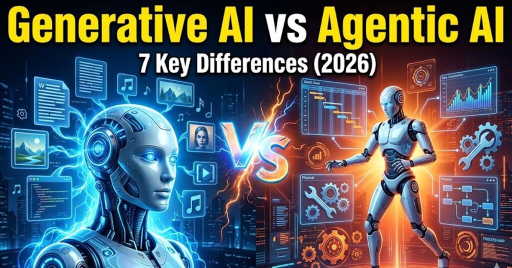 Generative AI vs Agentic AI showing key differences, use cases and comparison in 2026